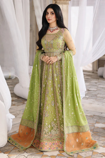 RH-03 Gulnara Lime Green Net Lehenga from Qalamkar Shadmaani Formals 2025, stitched and available at Pakistanimoda with quick Canada shipping.