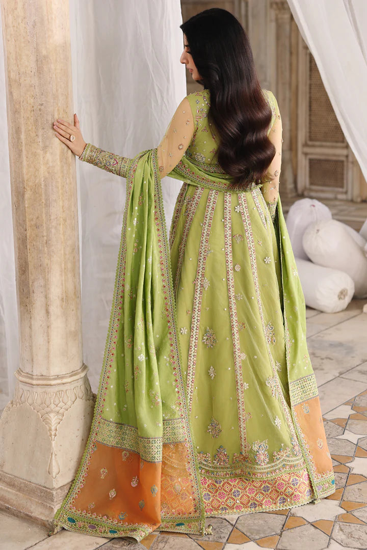 RH-03 Gulnara Lime Green Net Lehenga from Qalamkar Shadmaani Formals 2025, stitched and available at Pakistanimoda with quick Canada shipping.