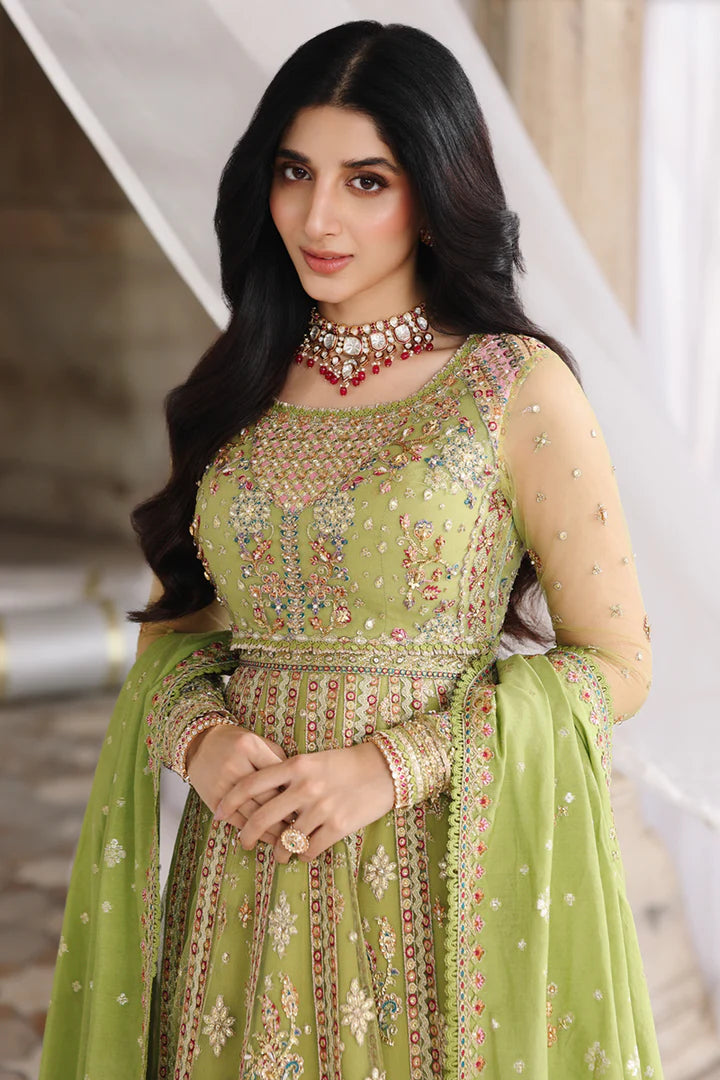 RH-03 Gulnara Lime Green Net Lehenga from Qalamkar Shadmaani Formals 2025, stitched and available at Pakistanimoda with quick Canada shipping.