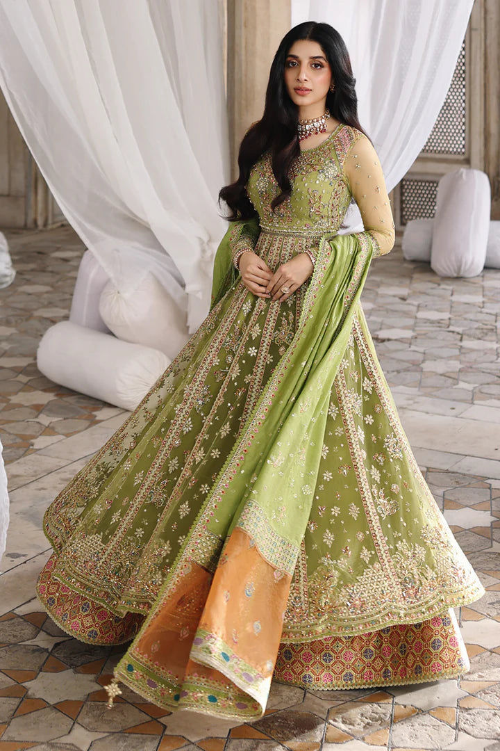 RH-03 Gulnara Lime Green Net Lehenga from Qalamkar Shadmaani Formals 2025, stitched and available at Pakistanimoda with quick Canada shipping.