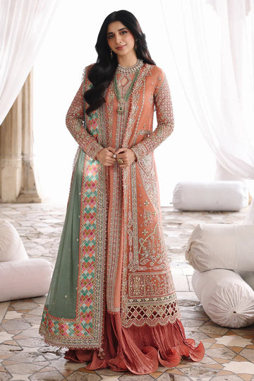 RH-04 Zehra Peach Luxury Sharara from Qalamkar Shadmaani Formals 2025, stitched and available at Pakistanimoda with worldwide dispatch.
