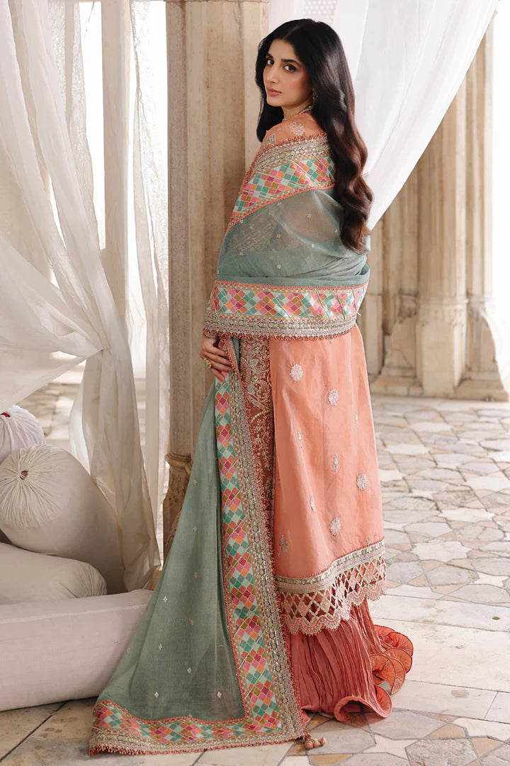 RH-04 Zehra Peach Luxury Sharara from Qalamkar Shadmaani Formals 2025, stitched and available at Pakistanimoda with worldwide dispatch.
