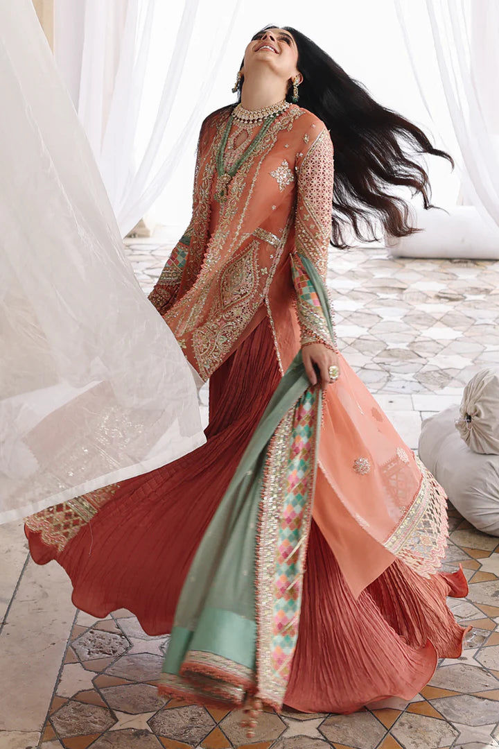 RH-04 Zehra Peach Luxury Sharara from Qalamkar Shadmaani Formals 2025, stitched and available at Pakistanimoda with worldwide dispatch.