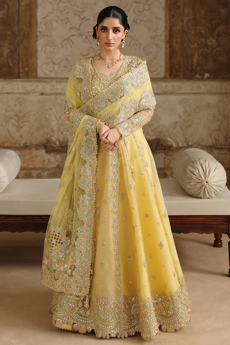 RH-06 Hoor Yellow Organza Sharara from Qalamkar Shadmaani Formals 2025, stitched and available at Pakistanimoda with worldwide shipping.