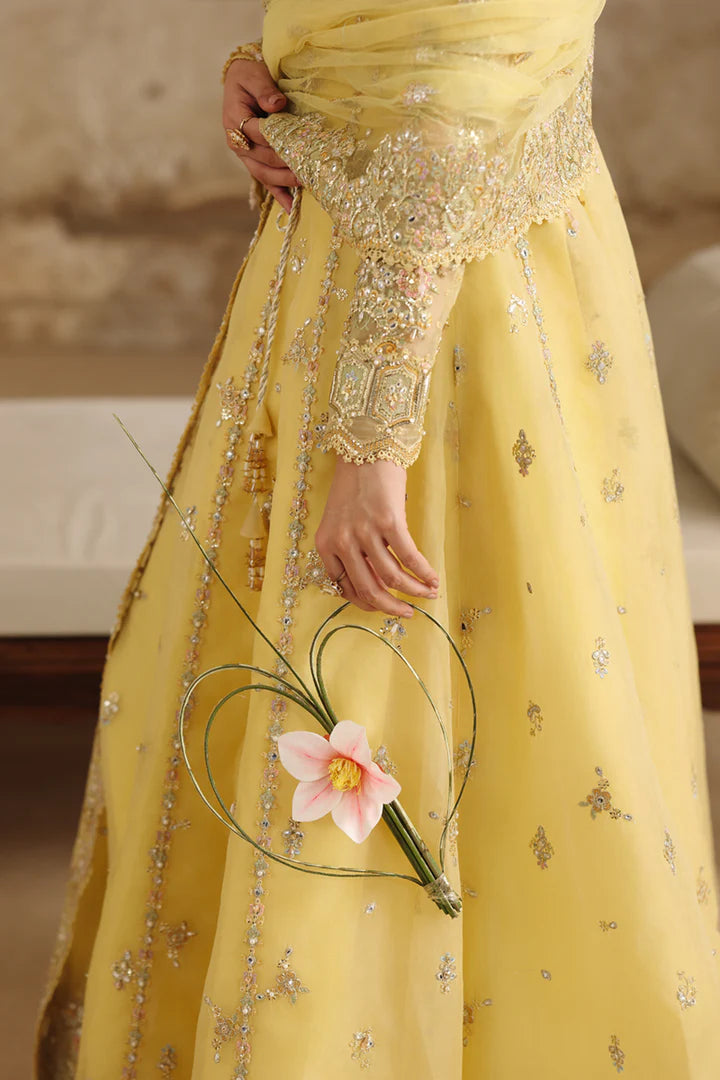RH-06 Hoor Yellow Organza Sharara from Qalamkar Shadmaani Formals 2025, stitched and available at Pakistanimoda with worldwide shipping.
