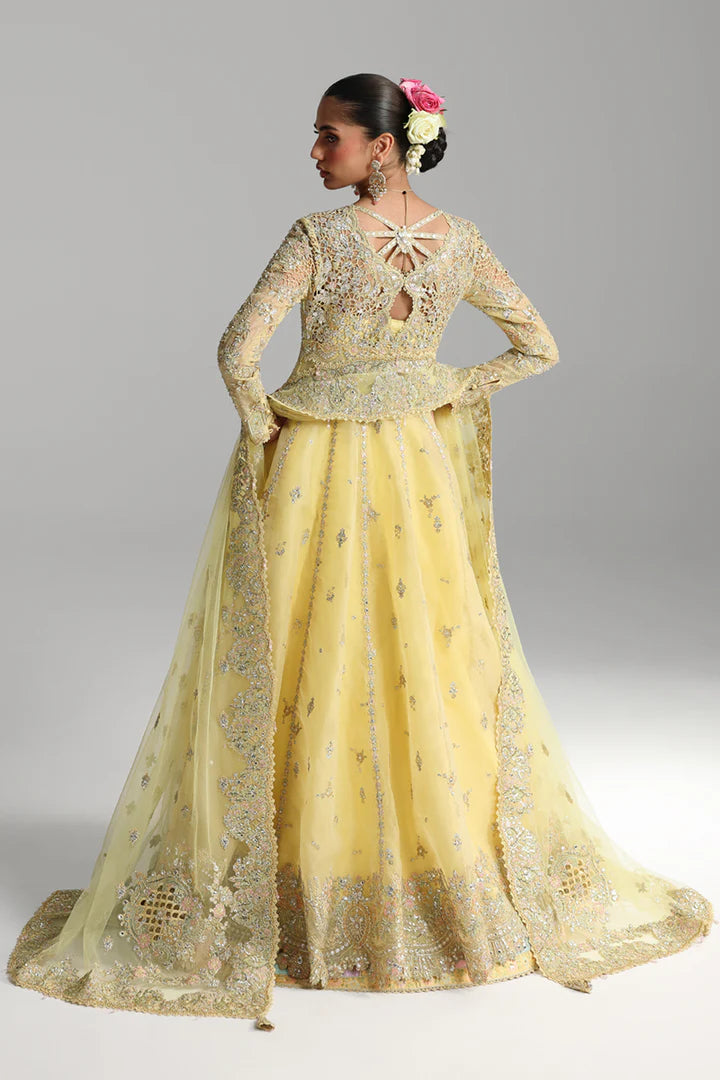 RH-06 Hoor Yellow Organza Sharara from Qalamkar Shadmaani Formals 2025, stitched and available at Pakistanimoda with worldwide shipping.