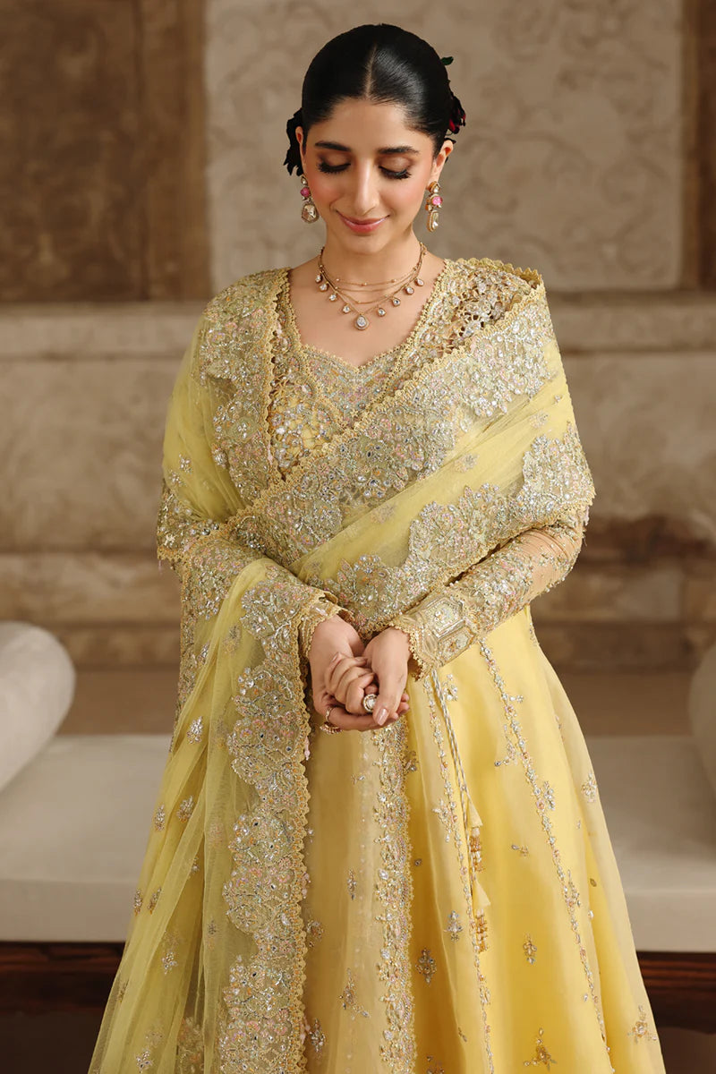 RH-06 Hoor Yellow Organza Sharara from Qalamkar Shadmaani Formals 2025, stitched and available at Pakistanimoda with worldwide shipping.