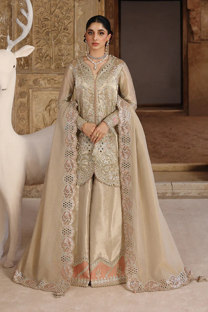 RH-07 Ameerah Gold Zari Tissue Sharara from Qalamkar Shadmaani Formals 2025, stitched and available at Pakistanimoda with Canada delivery.