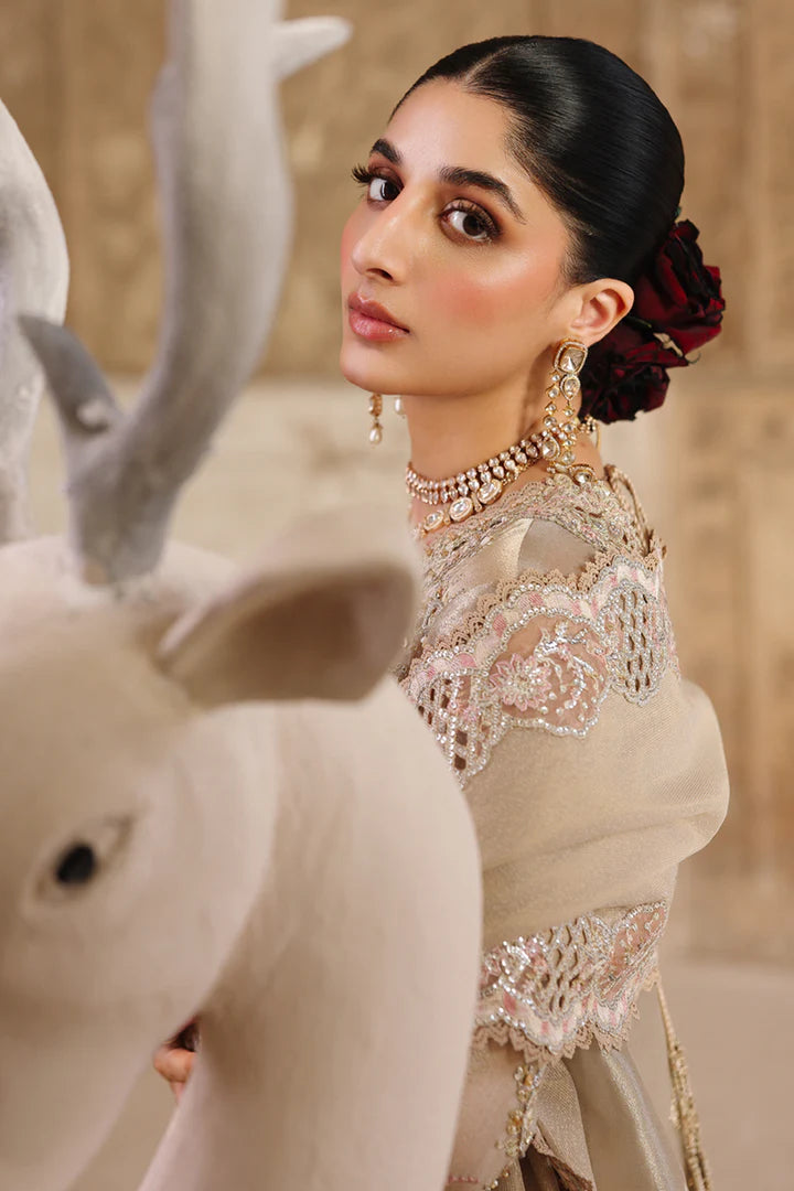 RH-07 Ameerah Gold Zari Tissue Sharara from Qalamkar Shadmaani Formals 2025, stitched and available at Pakistanimoda with Canada delivery.