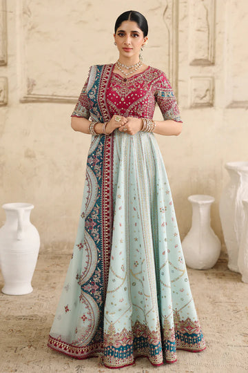RH-08 Layla Mint Raw Silk Lehenga from Qalamkar Shadmaani Formals 2025, stitched and available at Pakistanimoda with UAE quick dispatch.