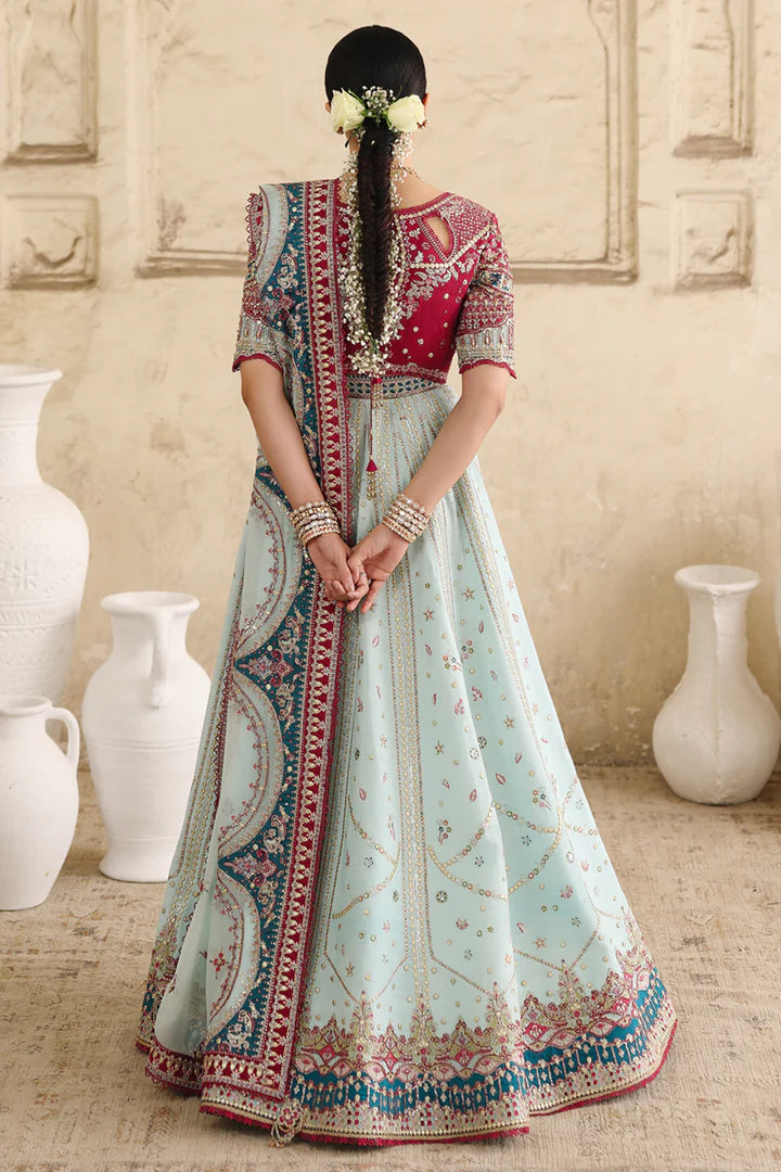 RH-08 Layla Mint Raw Silk Lehenga from Qalamkar Shadmaani Formals 2025, stitched and available at Pakistanimoda with UAE quick dispatch.