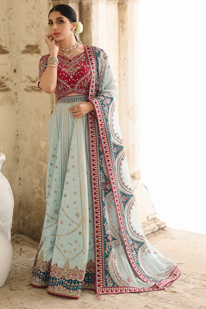 RH-08 Layla Mint Raw Silk Lehenga from Qalamkar Shadmaani Formals 2025, stitched and available at Pakistanimoda with UAE quick dispatch.