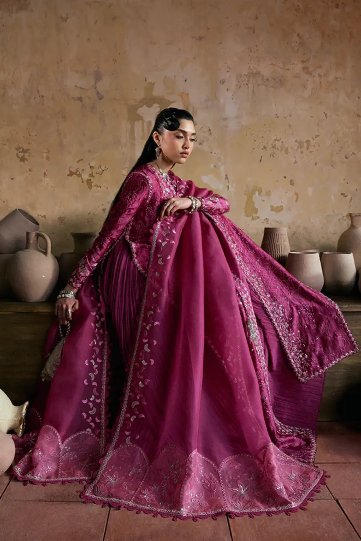 RHYTHEA fuchsia pink silk 4PC wedding suit by Suffuse with embroidered jacket