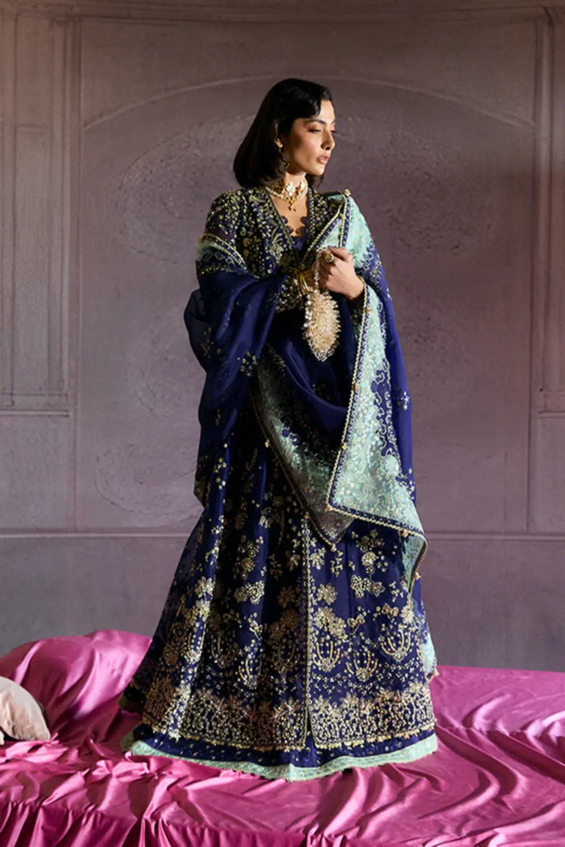 RISHAAL by Suffuse stitched front open gown with lehenga and organza dupatta in luxury wedding formal style