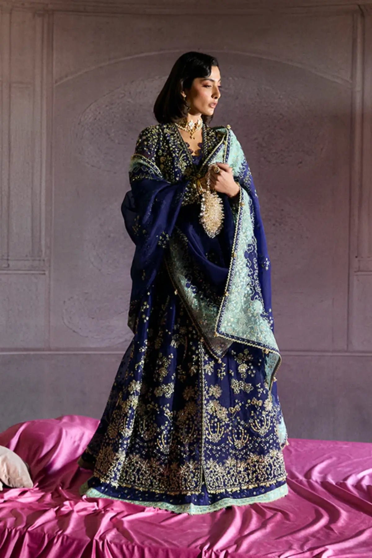RISHAAL by Suffuse stitched front open gown with lehenga and organza dupatta in luxury wedding formal style