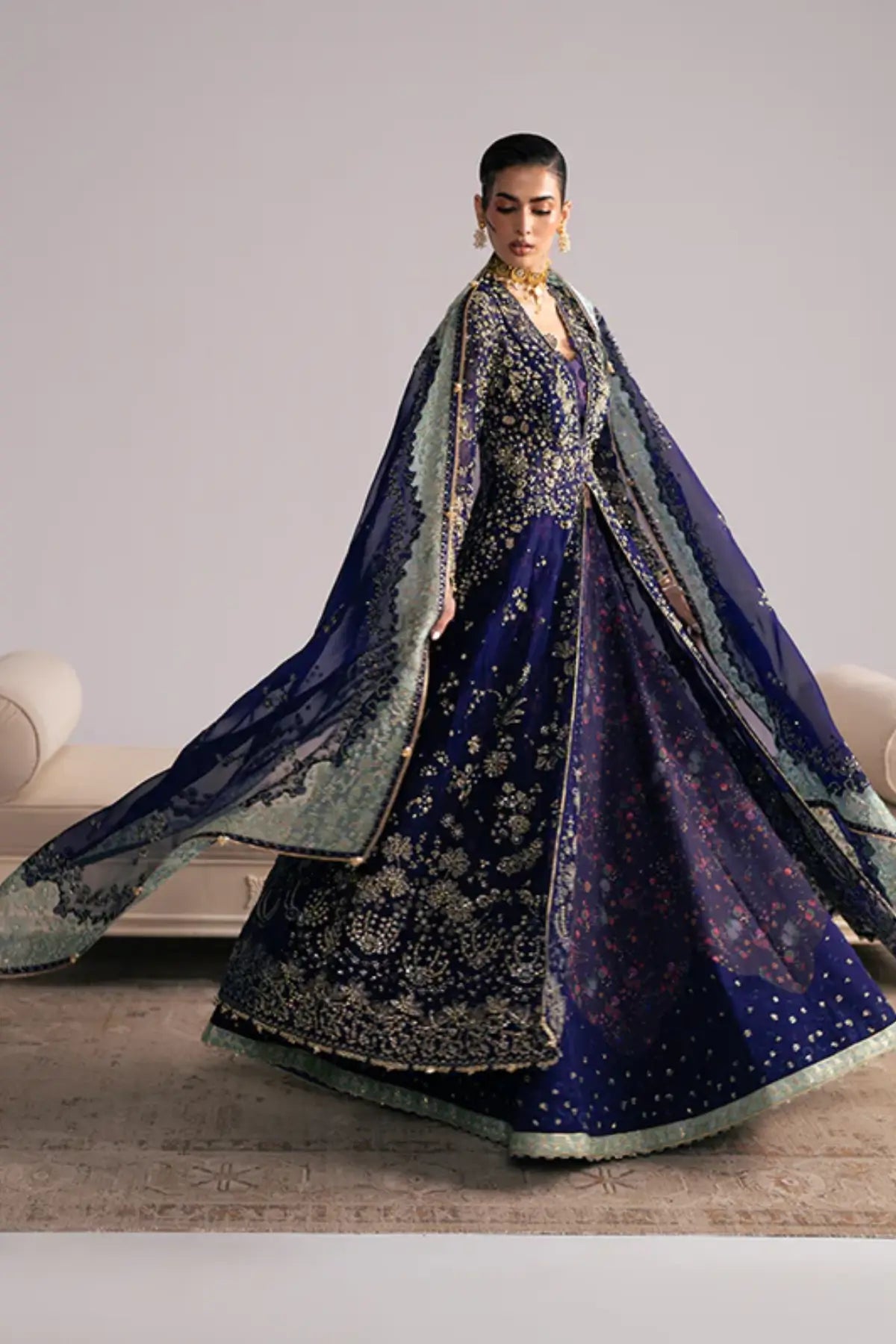 RISHAAL by Suffuse stitched front open gown with lehenga and organza dupatta in luxury wedding formal style