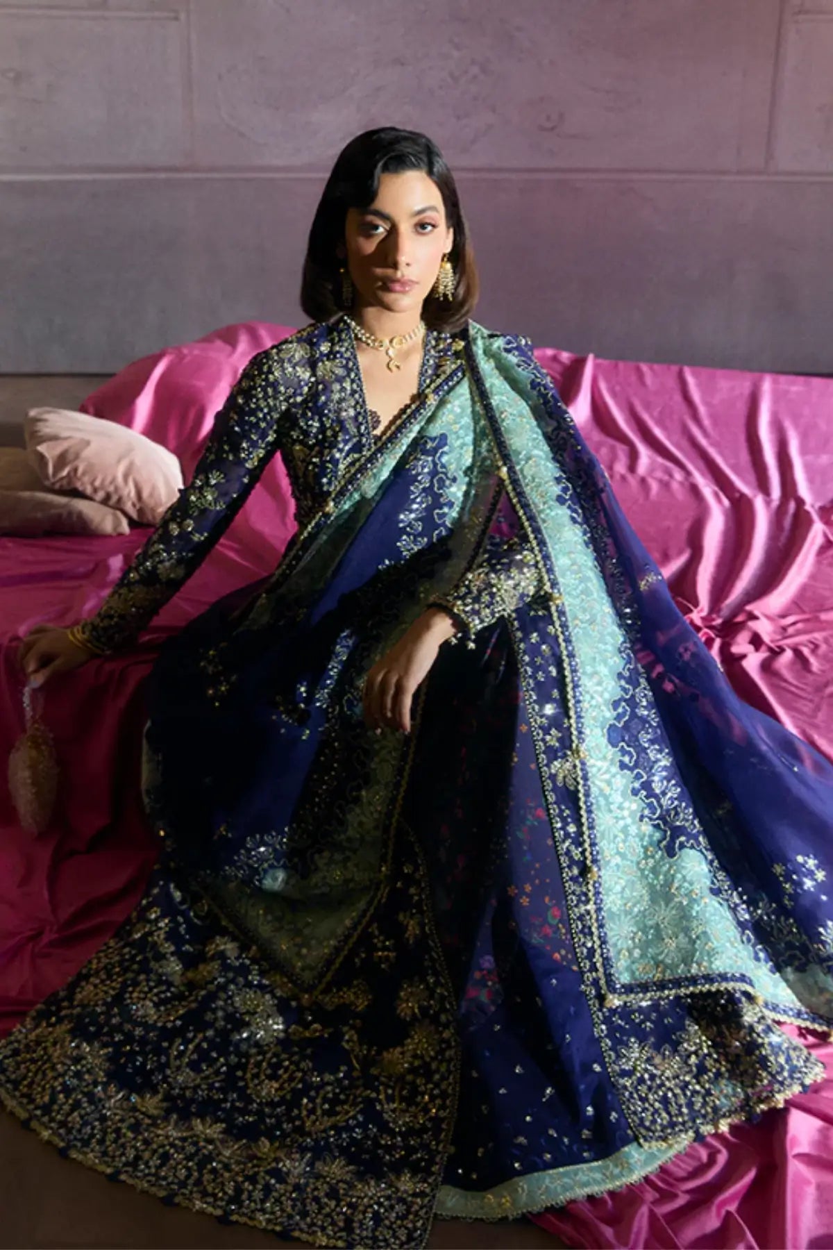 RISHAAL by Suffuse stitched front open gown with lehenga and organza dupatta in luxury wedding formal style