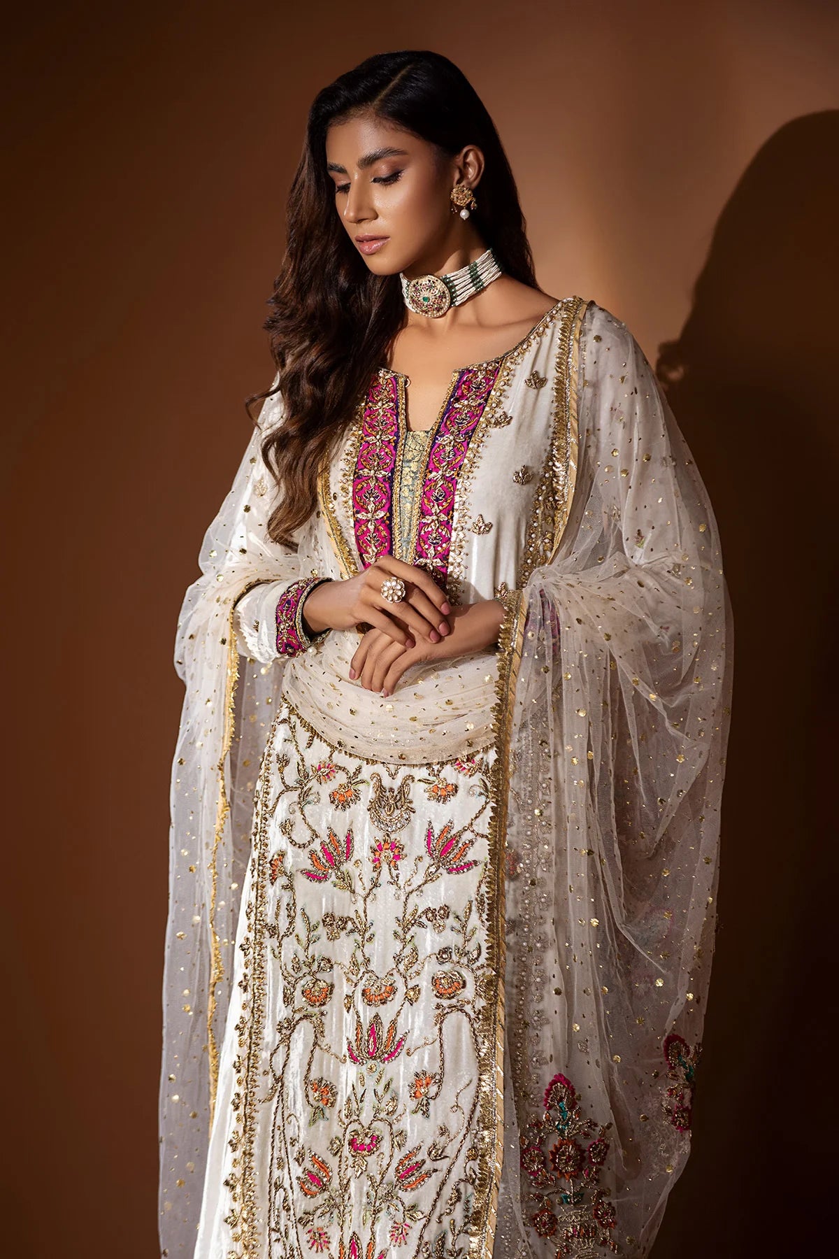 Off-white velvet shirt with resham, tilla, gota & block print, jamawar pants with gota, and matching organza dupatta – perfect for weddings 2025.

