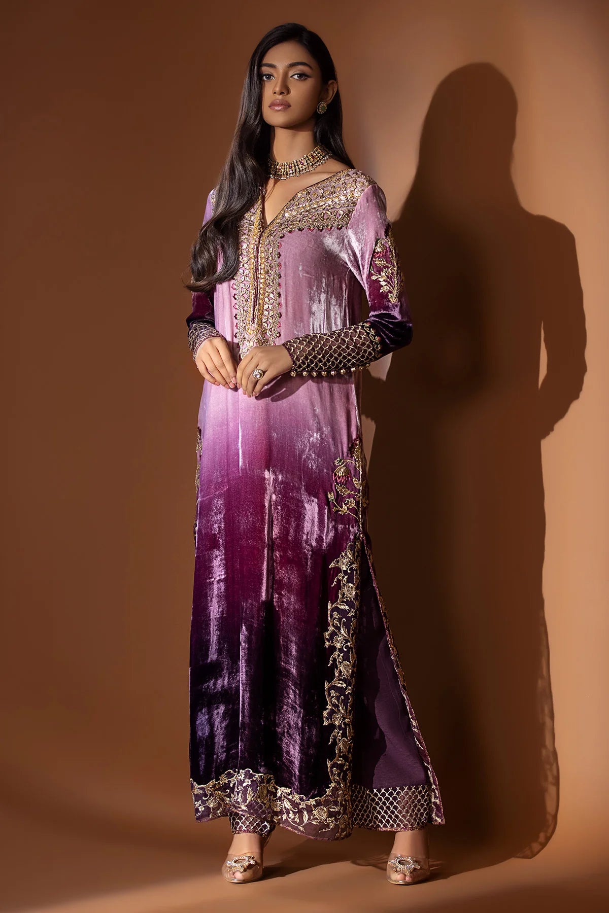 Purple ombré velvet shirt with gold embroidery, embossed silk pants, and organza dupatta – Pakistani formal wear at Pakistanimoda

