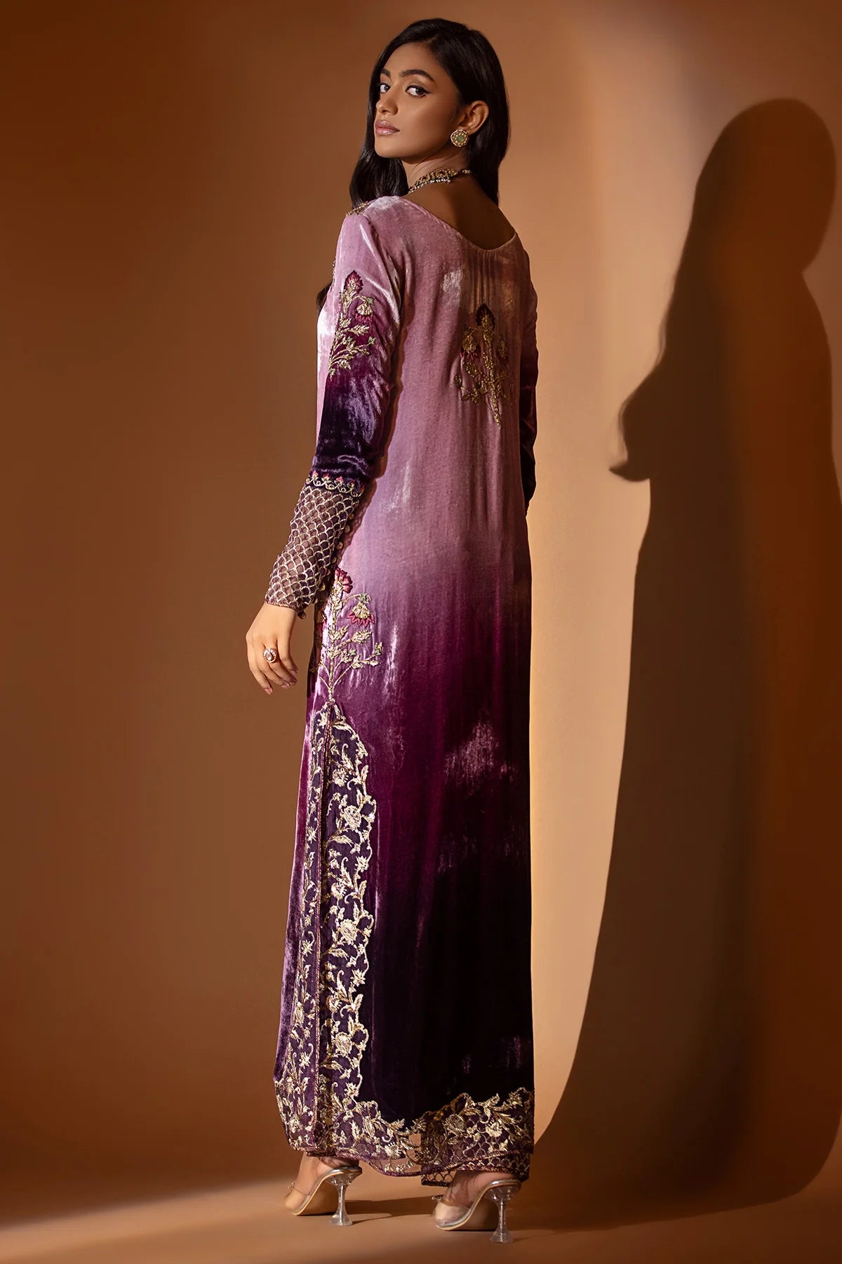 Purple ombré velvet shirt with gold embroidery, embossed silk pants, and organza dupatta – Pakistani formal wear at Pakistanimoda

