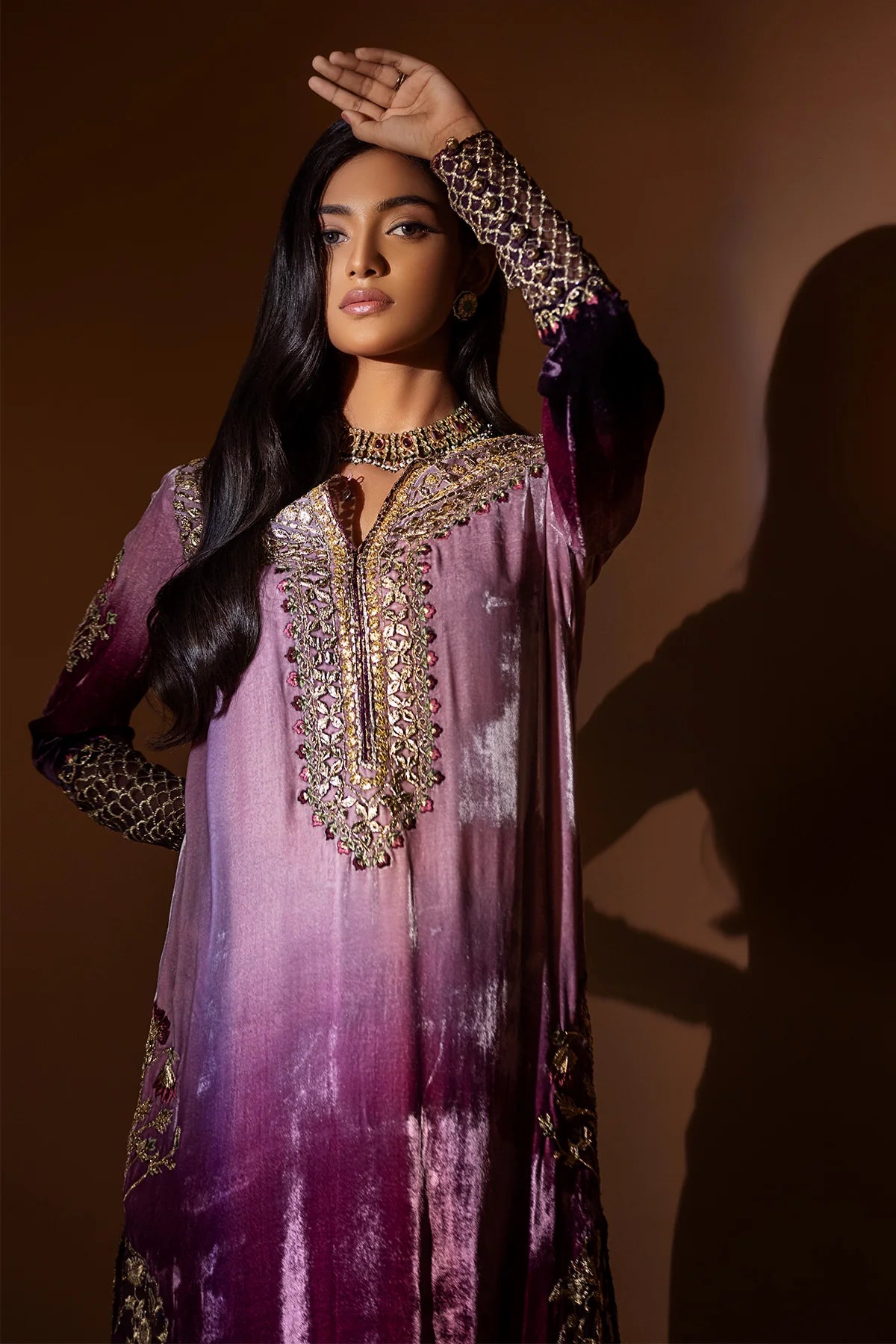 Purple ombré velvet shirt with gold embroidery, embossed silk pants, and organza dupatta – Pakistani formal wear at Pakistanimoda

