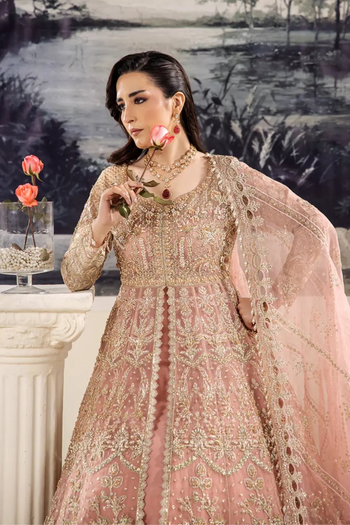 ROSÉE by Saad Shaikh pink CÉLESTIA ’26 embroidered pishwas with lehenga and dupatta | Pakistanimoda