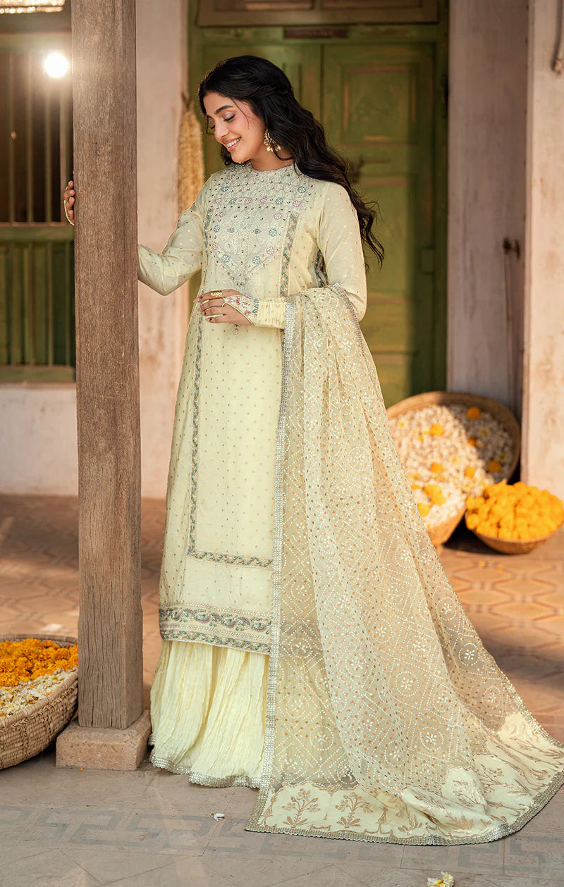 RUBA Pakistani outfit in buttercup yellow with floral adda work, crushed silk sharara, and organza dupatta – formal 3-piece dress by Pakistanimoda.com