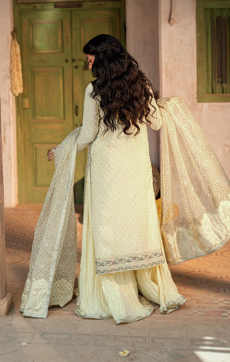 RUBA Pakistani outfit in buttercup yellow with floral adda work, crushed silk sharara, and organza dupatta – formal 3-piece dress by Pakistanimoda.com