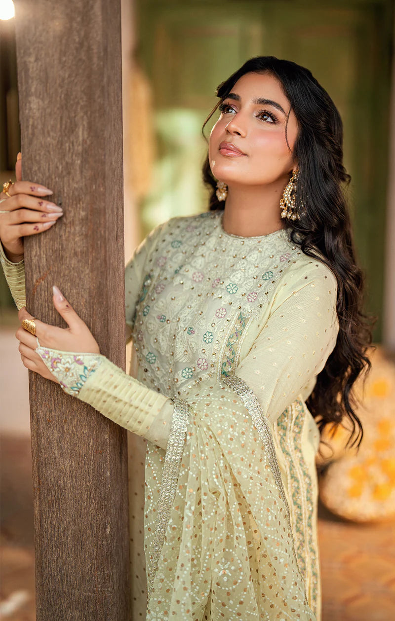RUBA Pakistani outfit in buttercup yellow with floral adda work, crushed silk sharara, and organza dupatta – formal 3-piece dress by Pakistanimoda.com