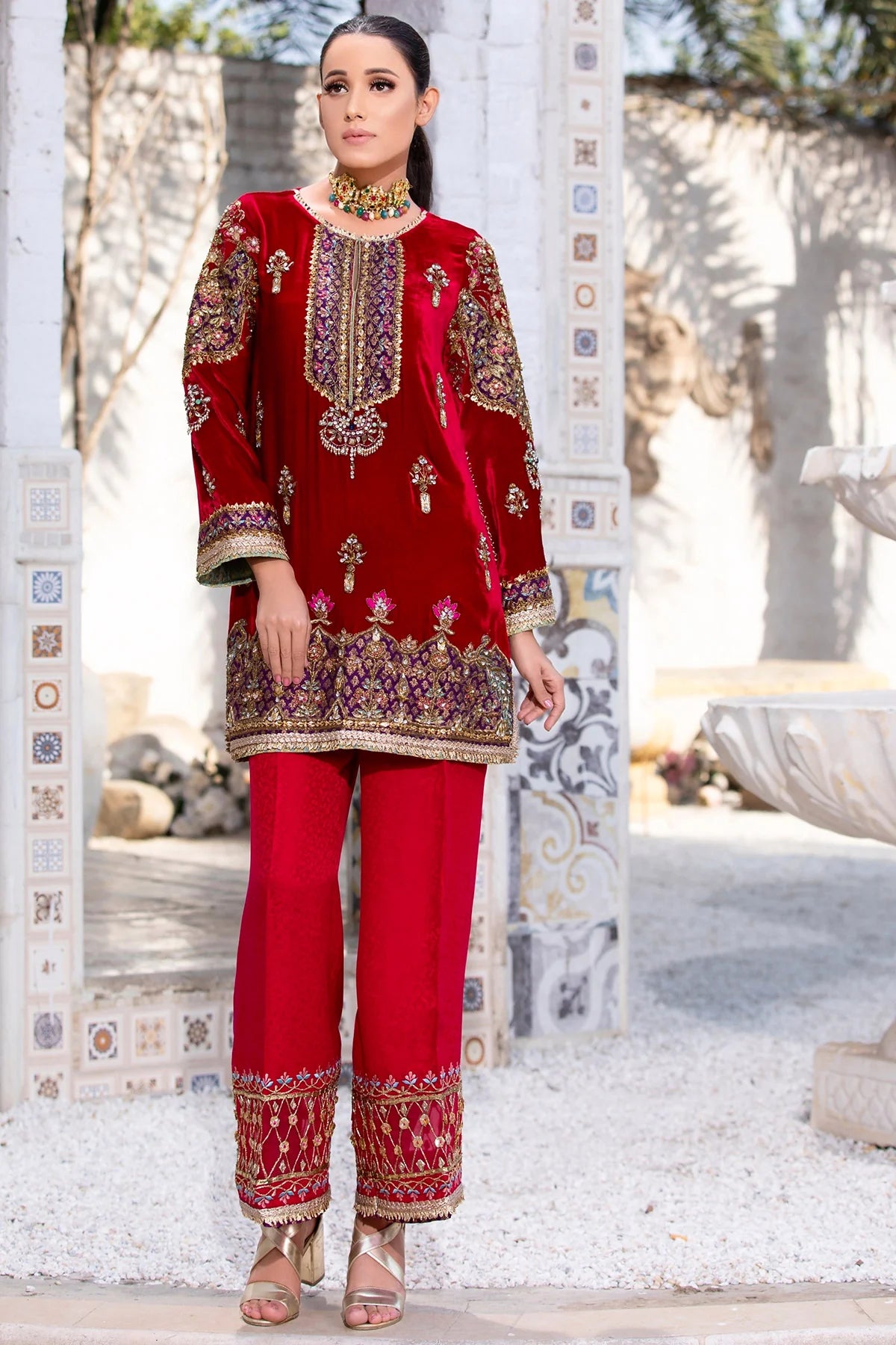 Crimson velvet kurta with plum jamawar, floral embroidery, handworked pearls & crystals, silk pants with embellished hem & organza dupatta – 2025 festive wear.