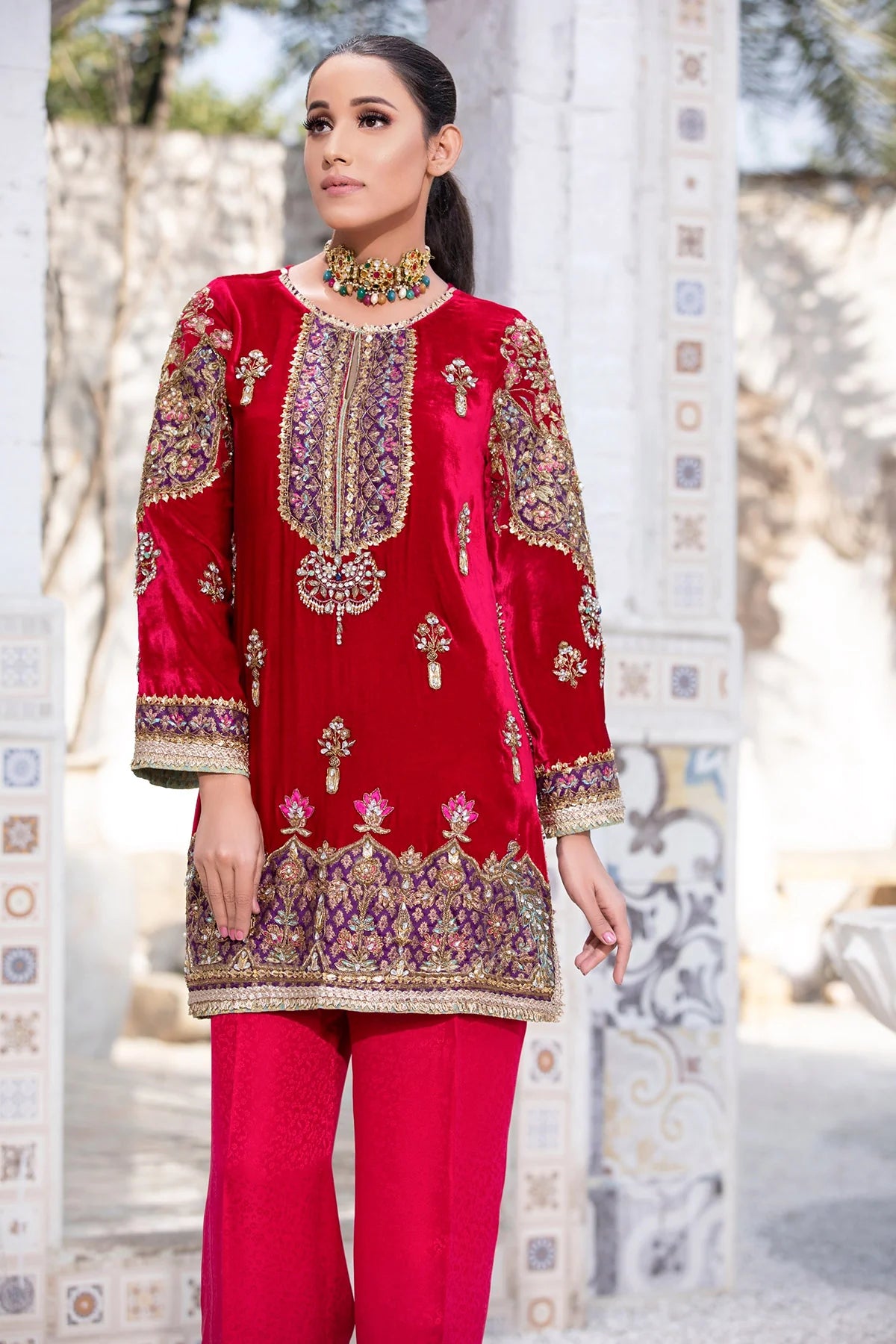 Crimson velvet kurta with plum jamawar, floral embroidery, handworked pearls & crystals, silk pants with embellished hem & organza dupatta – 2025 festive wear.