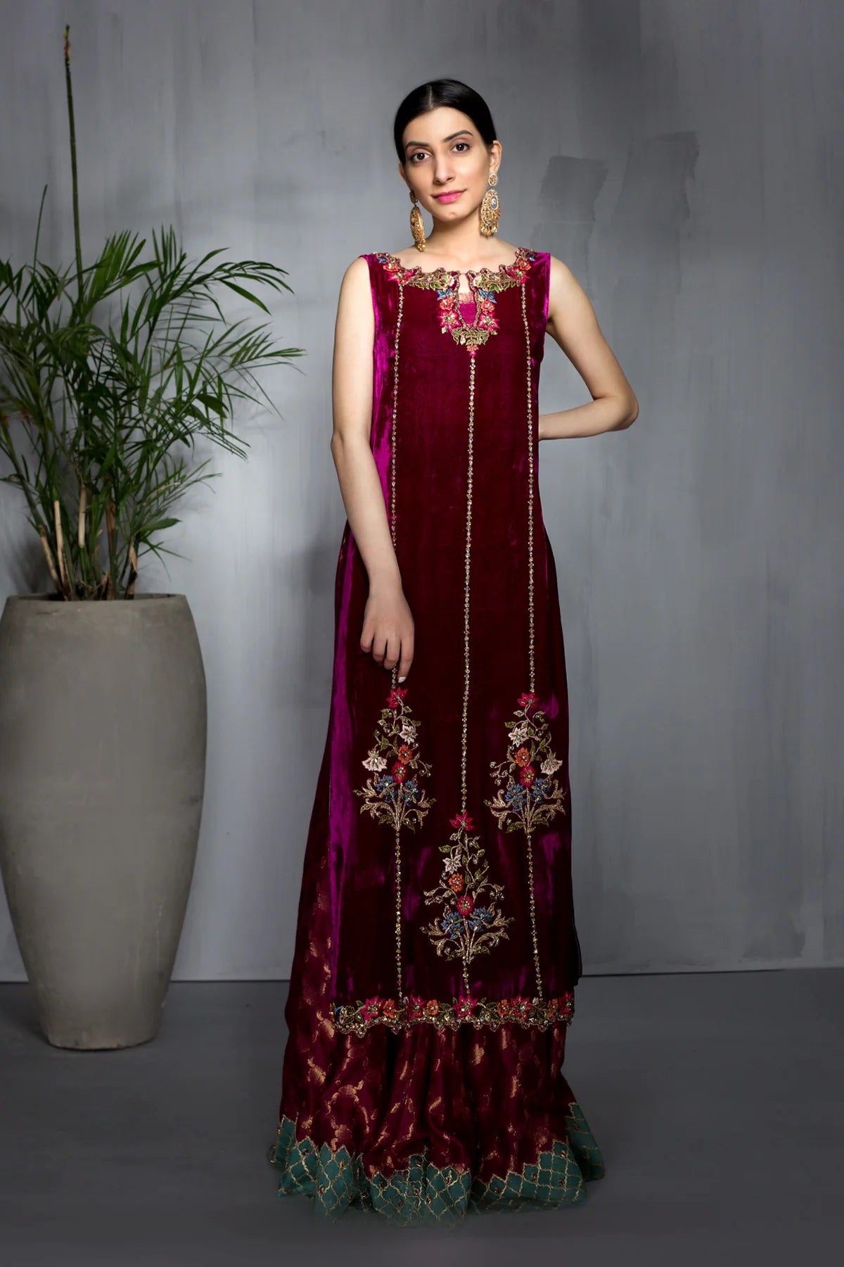 Fuchsia velvet shirt with thread and crystal embroidery, paired with jamawar sharara and matching organza dupatta – perfect for wedding events 2025.