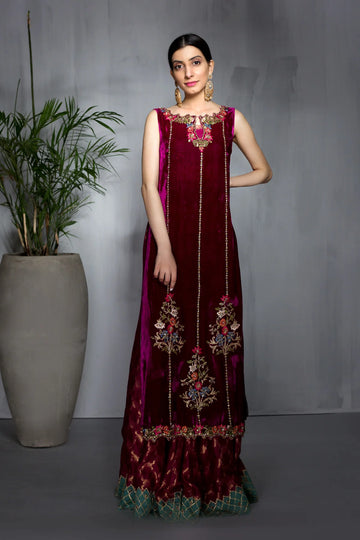 Fuchsia velvet shirt with thread and crystal embroidery, paired with jamawar sharara and matching organza dupatta – perfect for wedding events 2025.
