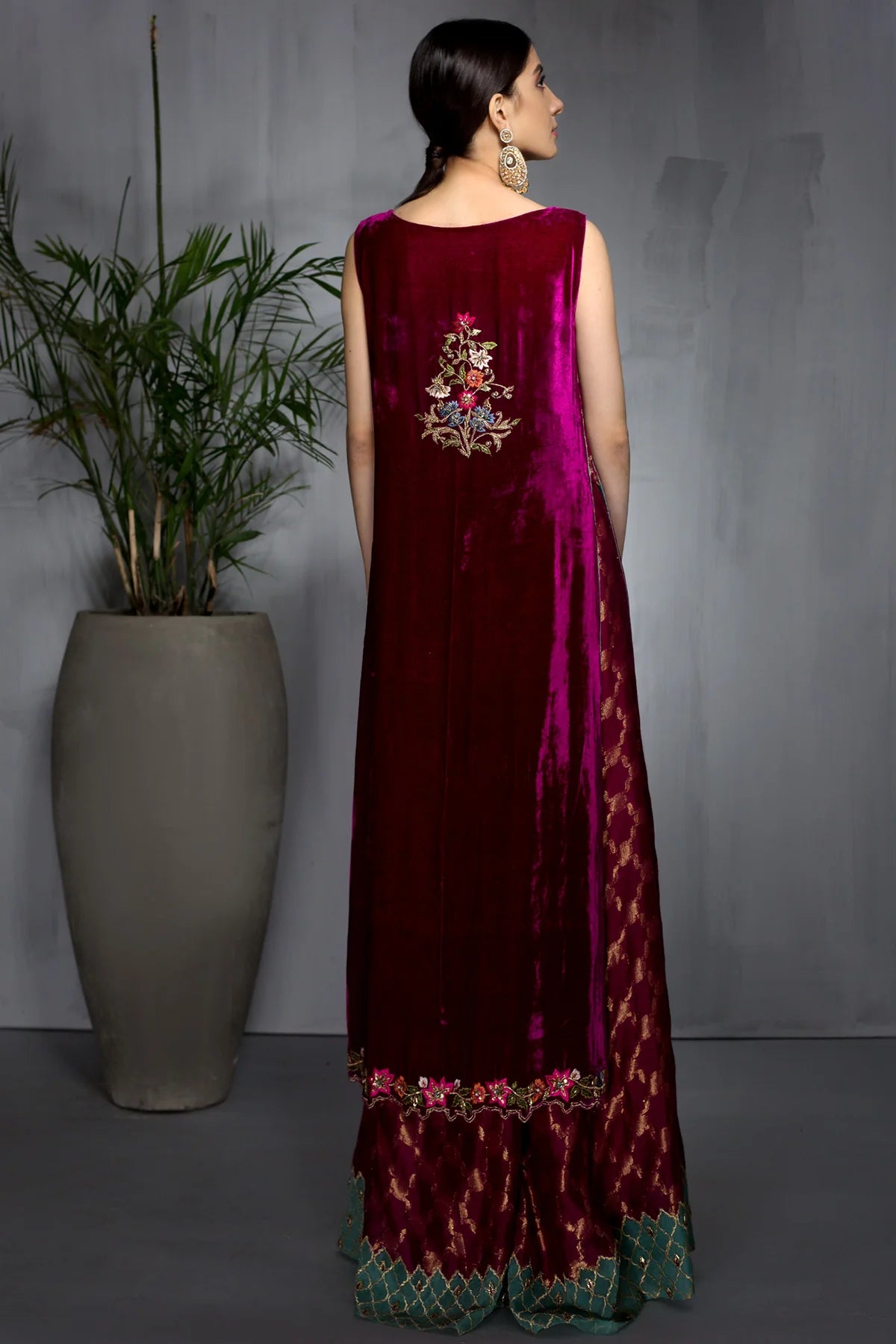 Fuchsia velvet shirt with thread and crystal embroidery, paired with jamawar sharara and matching organza dupatta – perfect for wedding events 2025