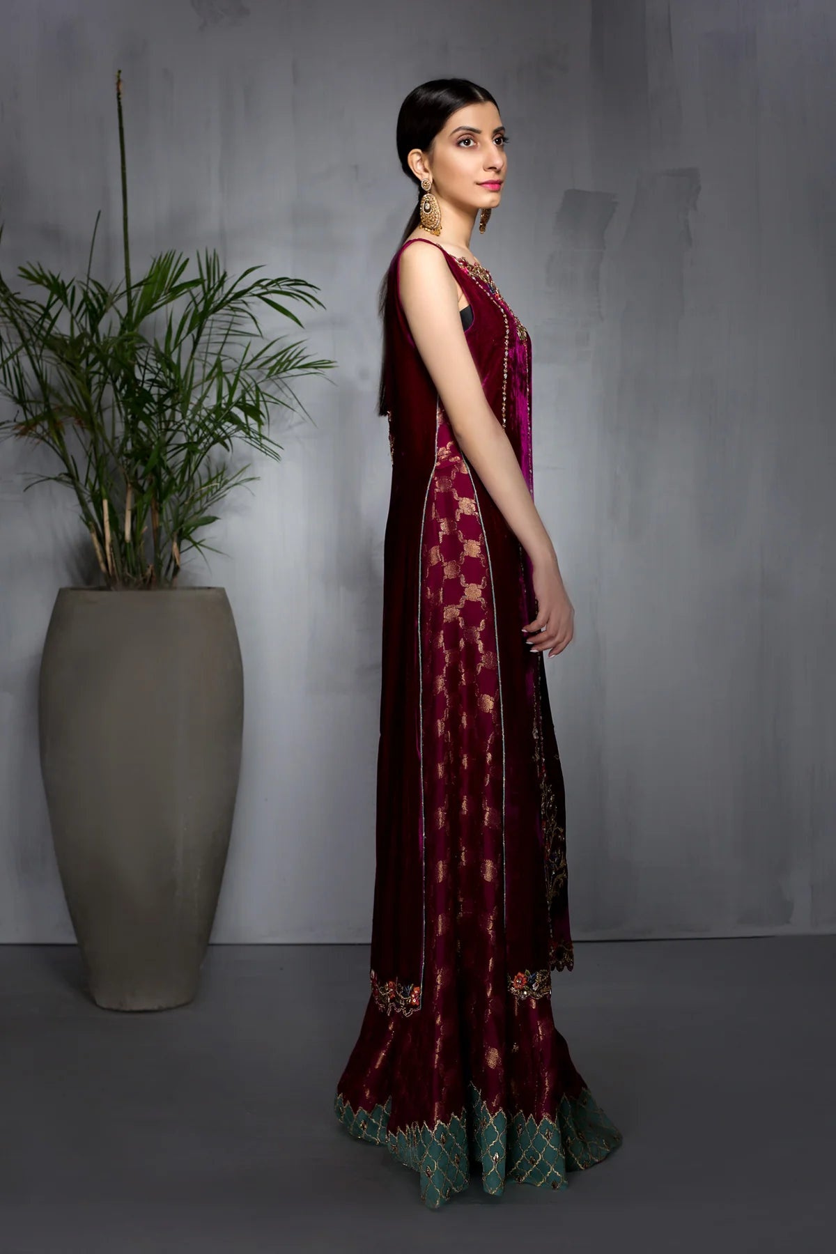 Fuchsia velvet shirt with thread and crystal embroidery, paired with jamawar sharara and matching organza dupatta – perfect for wedding events 2025