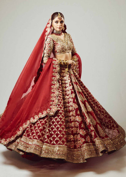 Raaqs- Pakistani Red pure Organza Lehenga Choli ensemble