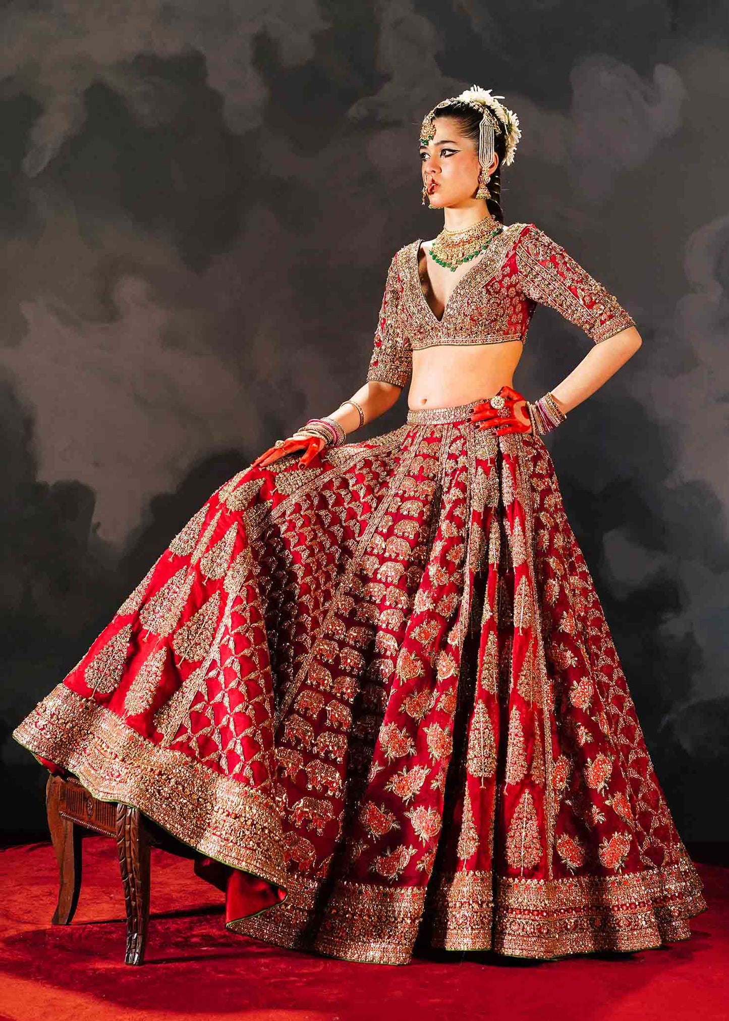 Raaqs- Pakistani Red pure Organza Lehenga Choli ensemble