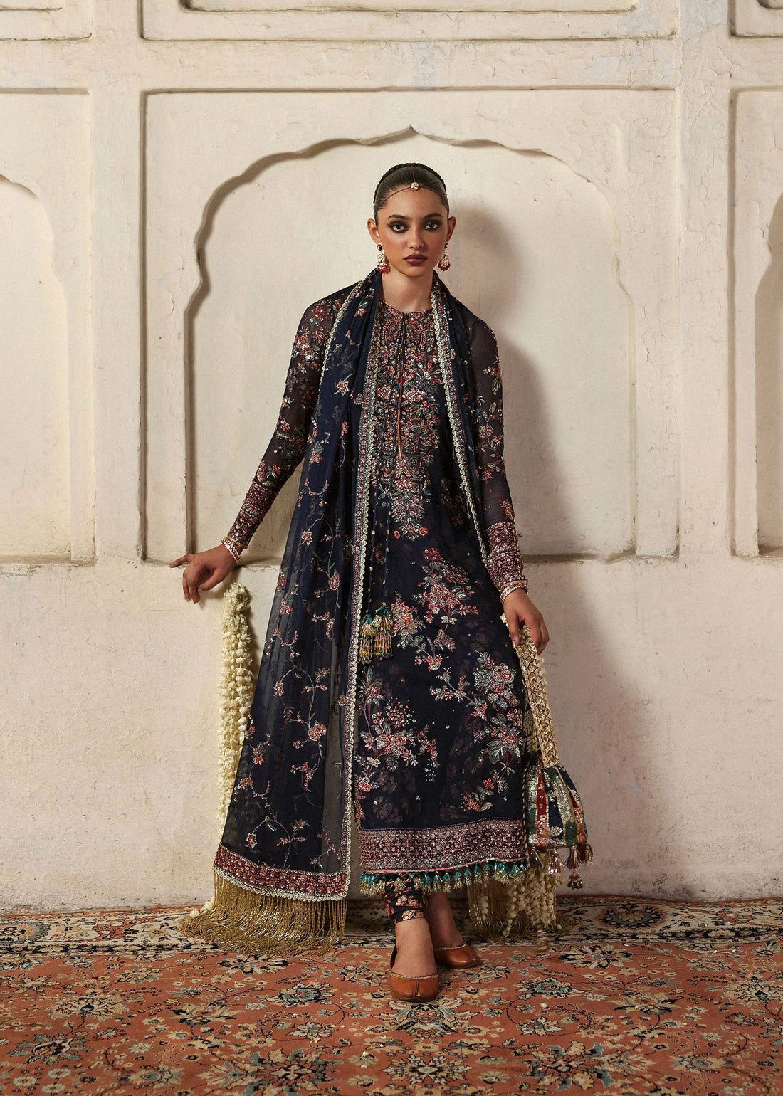 Rabab navy blue chiffon embroidered churidar suit with raw silk churidar and chiffon dupatta – festive stitched dress from Pakistanimoda.