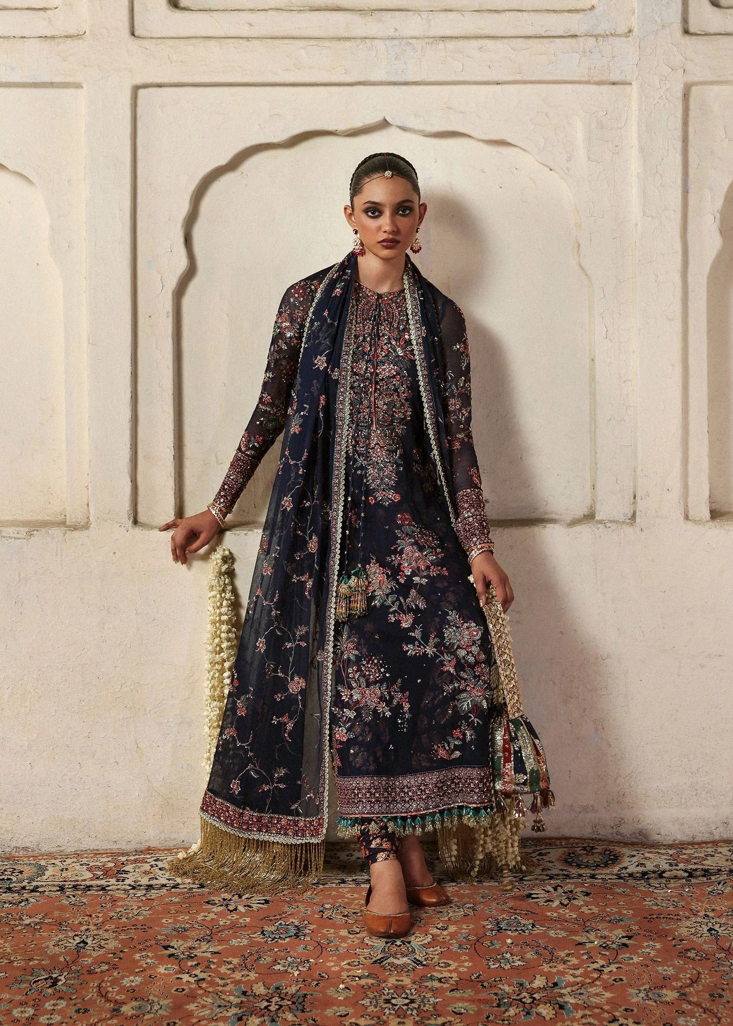 Rabab navy blue chiffon embroidered churidar suit with raw silk churidar and chiffon dupatta – festive stitched dress from Pakistanimoda.