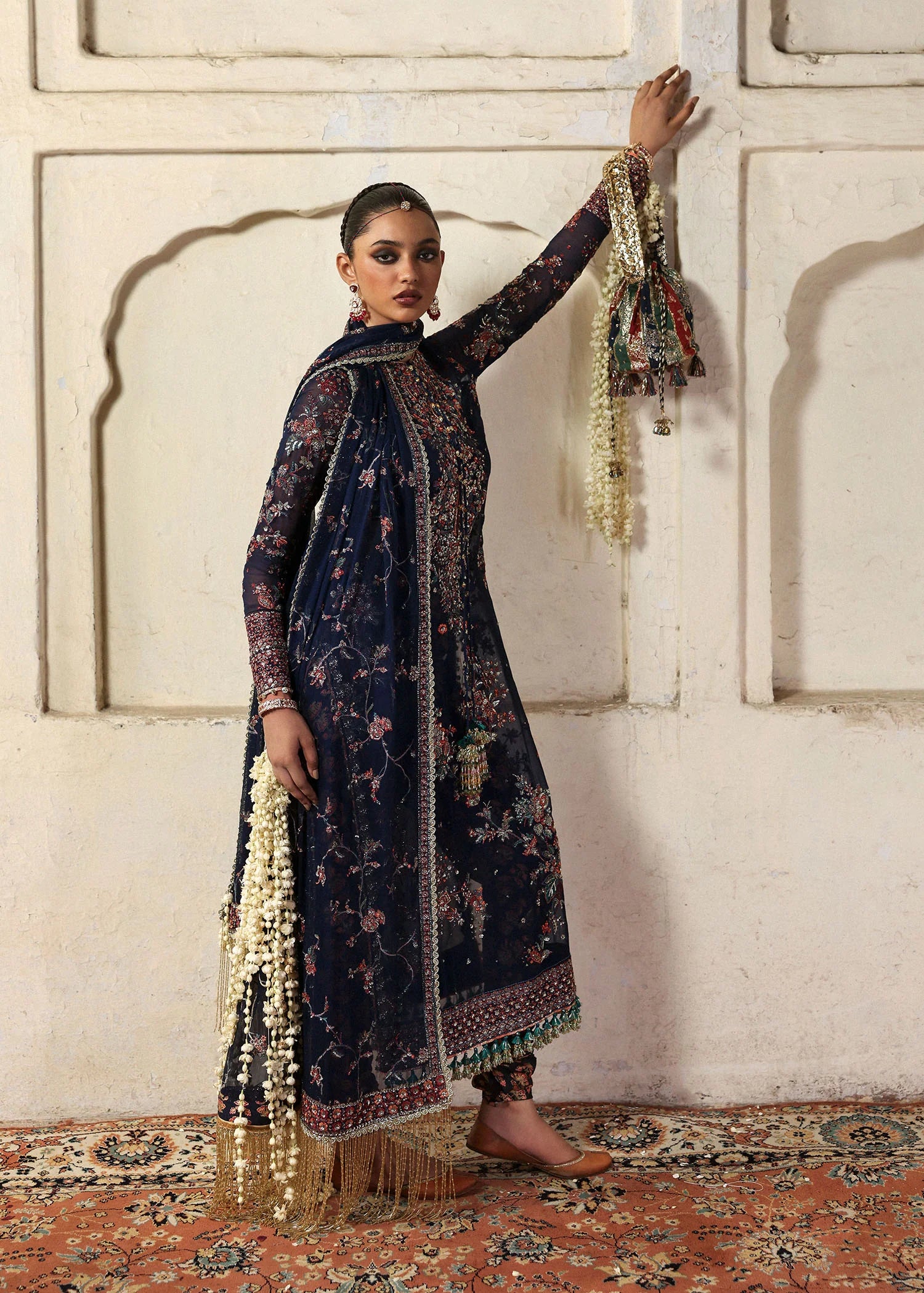 Rabab navy blue chiffon embroidered churidar suit with raw silk churidar and chiffon dupatta – festive stitched dress from Pakistanimoda.