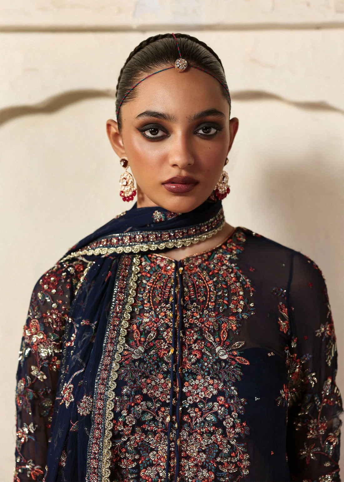 Rabab navy blue chiffon embroidered churidar suit with raw silk churidar and chiffon dupatta – festive stitched dress from Pakistanimoda.