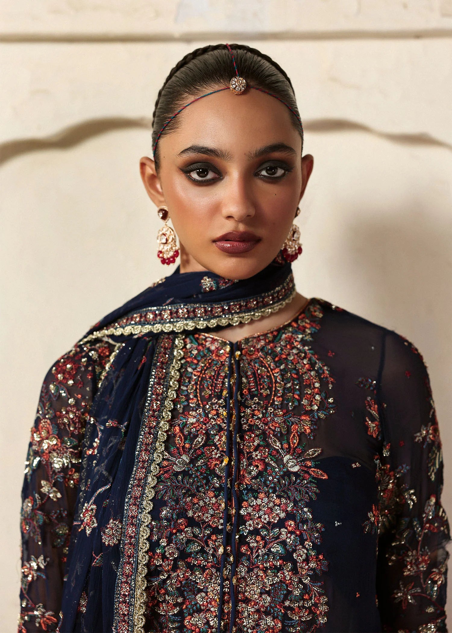 Rabab navy blue chiffon embroidered churidar suit with raw silk churidar and chiffon dupatta – festive stitched dress from Pakistanimoda.