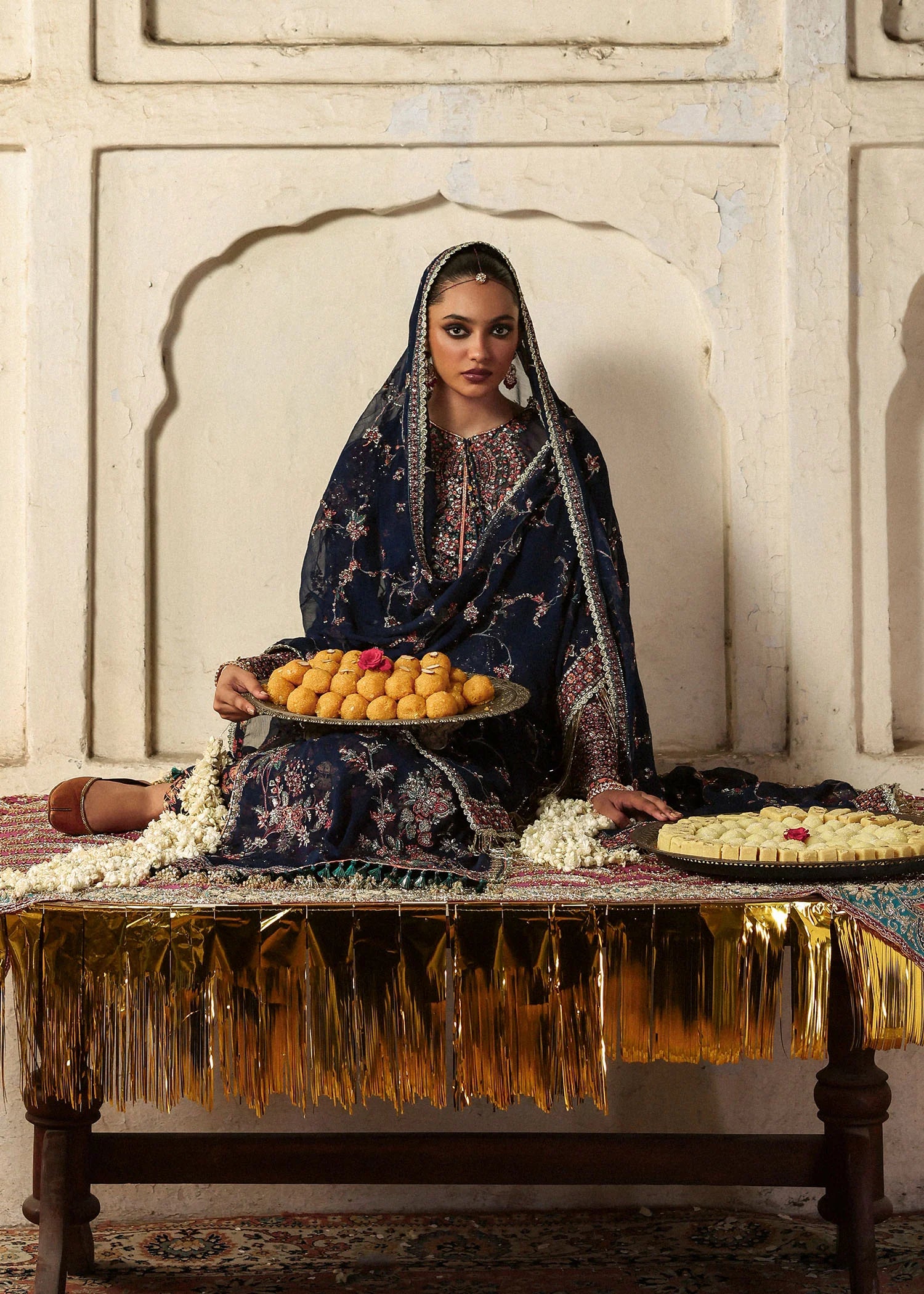 Rabab navy blue chiffon embroidered churidar suit with raw silk churidar and chiffon dupatta – festive stitched dress from Pakistanimoda.