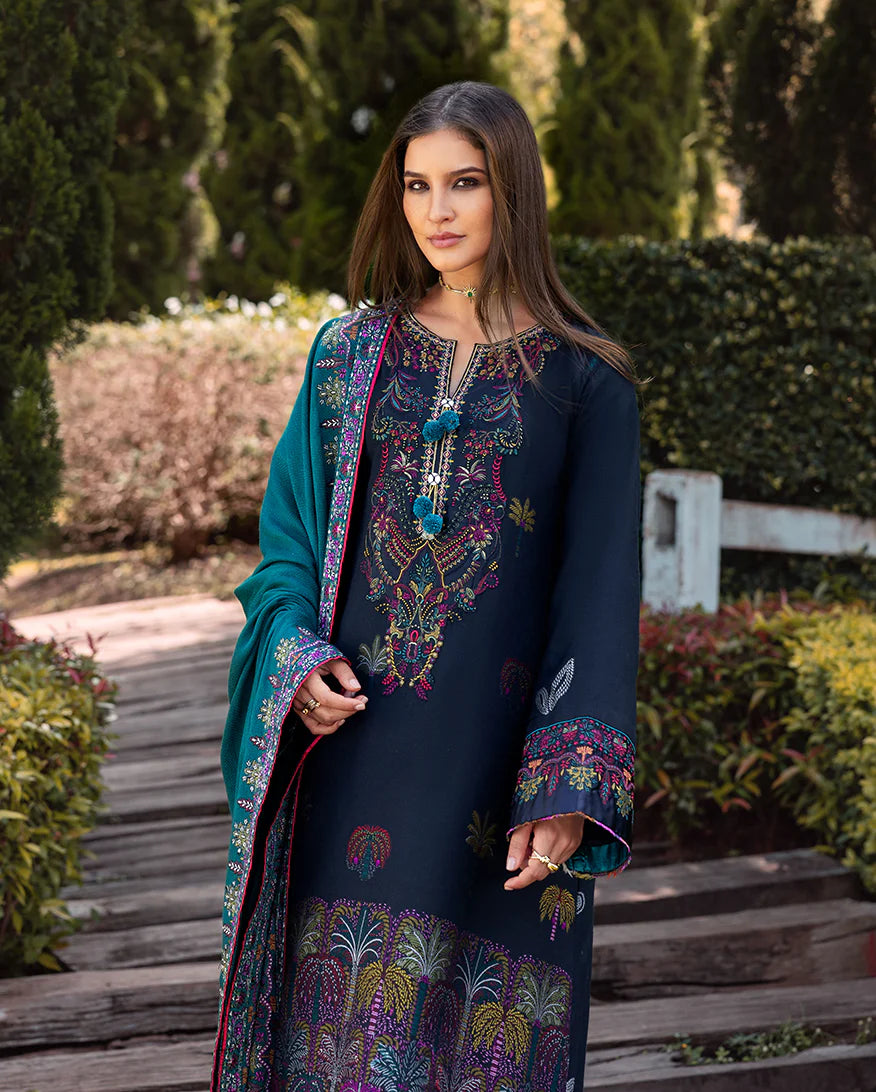 Model wearing Mushq Radiant Solitude black viscose embroidered winter outfit with teal shawl – Winter Broadway 2025