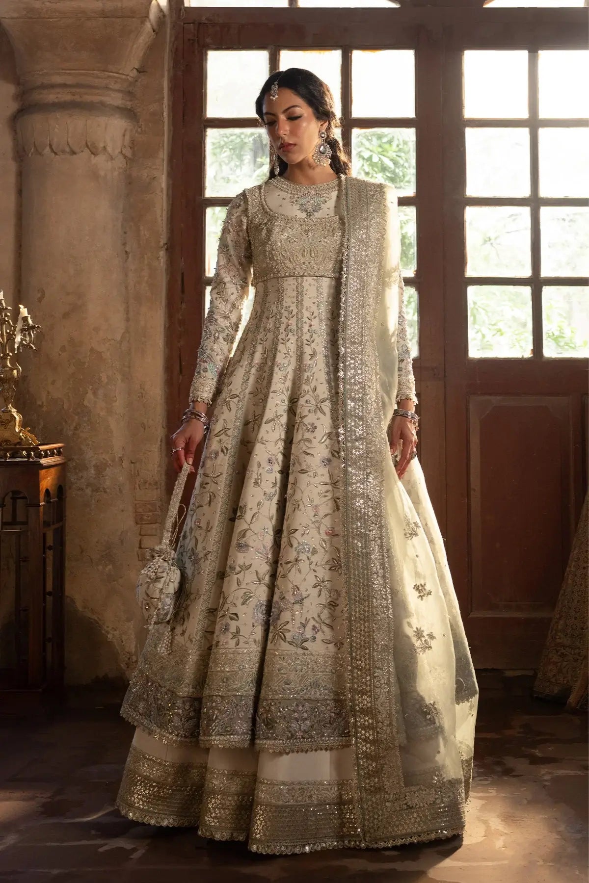 Raha Vasl 26 ivory handworked Pakistani stitched wedding pishwas with embellished silk lehenga and embroidered organza dupatta