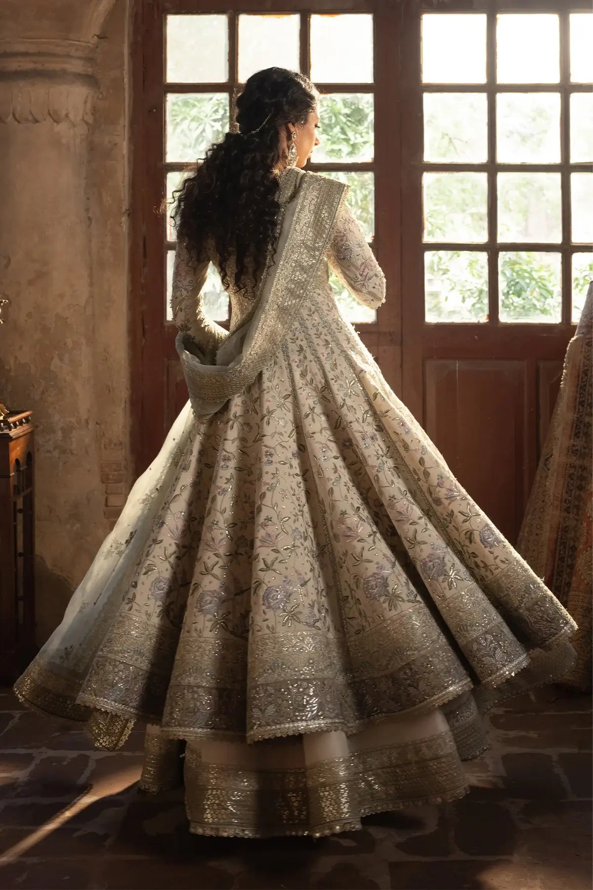 Raha Vasl 26 ivory handworked Pakistani stitched wedding pishwas with embellished silk lehenga and embroidered organza dupatta