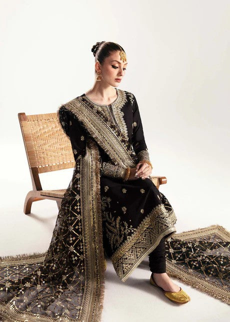 Black raw silk frock with churidar pajama and sequined organza dupatta.