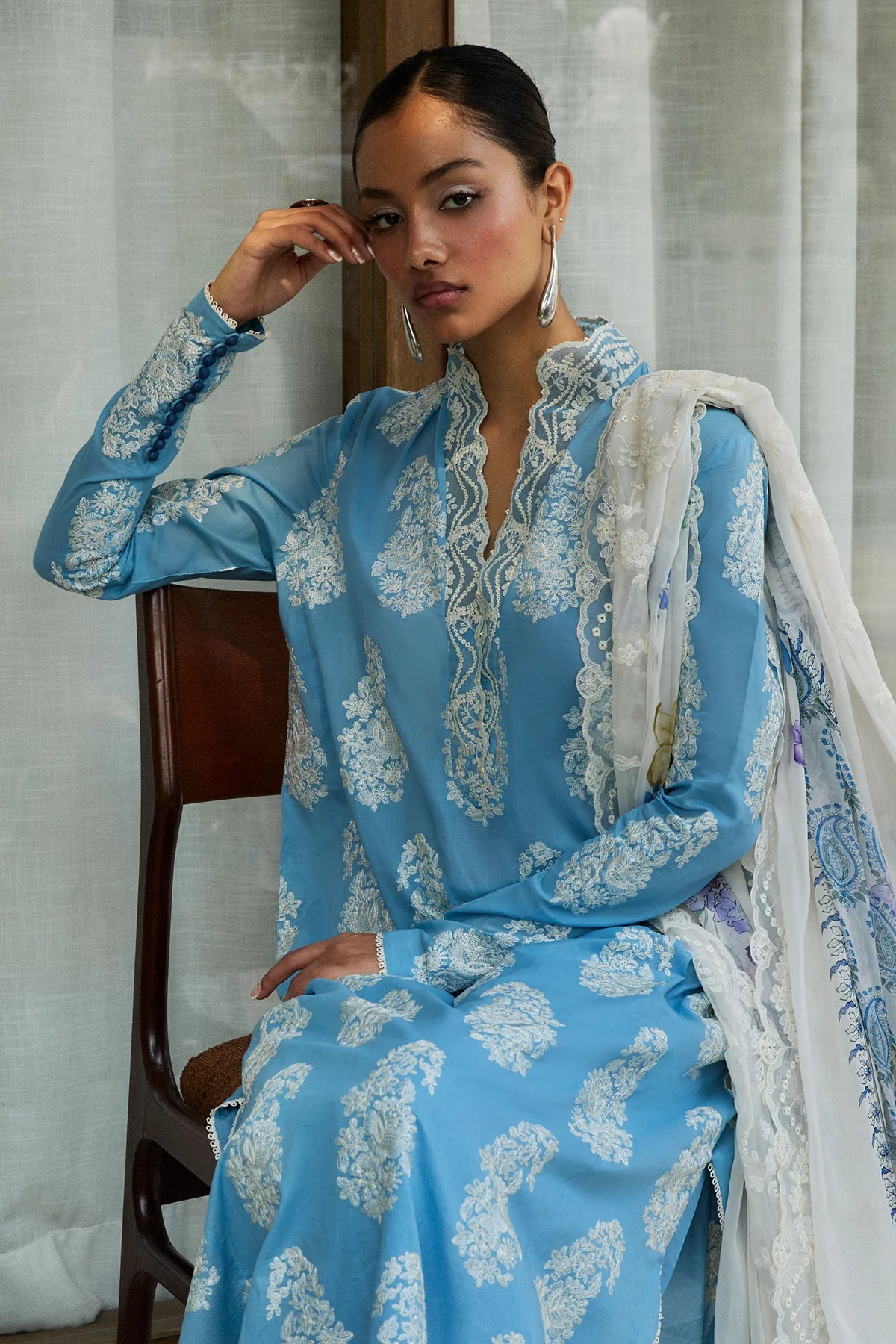 Rai-6B- Embroidered Sky Blue Lawn Ensemble By- Zara Shahjahan