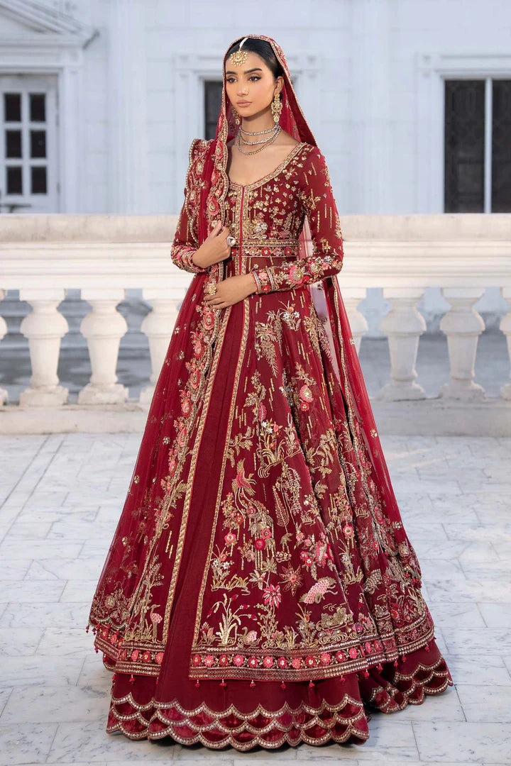Raizel Maria B Royal-Rawa Deep Red Bridal Pishwas with mirror, pearls & dabka naqshi handcrafted luxury outfit – Pakistanimoda