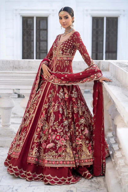 Raizel Maria B Royal-Rawa Deep Red Bridal Pishwas with mirror, pearls & dabka naqshi handcrafted luxury outfit – Pakistanimoda